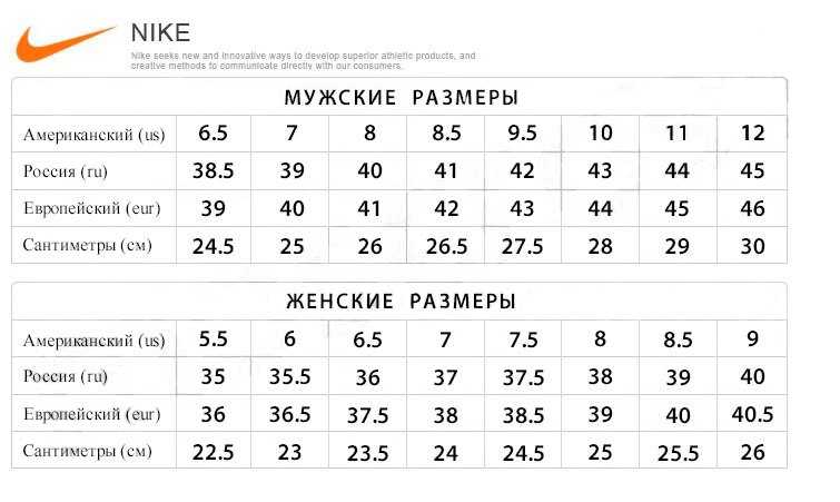 Таблица размеров кроссовок nike