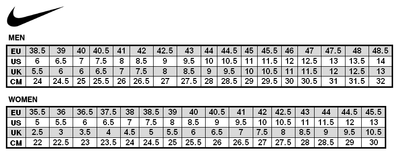 Таблица размеров nike